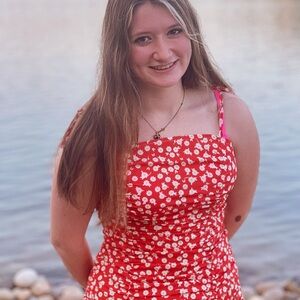 Red dress with white flowers worn once for pictures